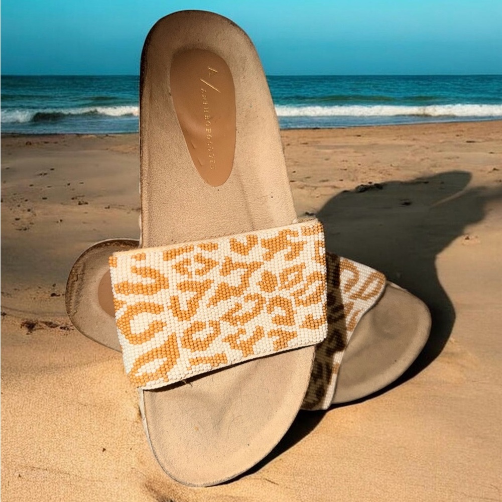 Anthropologie Leopard Beaded Slide Sandals in Tan and Cream